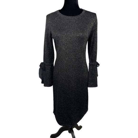RSVP by Talbots Black Metallic Sparkle Midi Dress Wool Blend Bell Sleeves Small - Picture 1 of 15